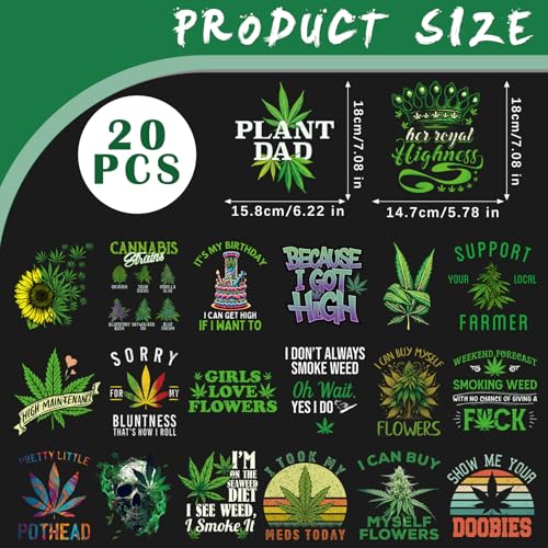 Dazoratix 420 Iron on Transfers - 20 Sheets Weed DTF Ready to Press 420 Heat Patches Bulk Green Leaf Marijuana Cannabis Stickers Vinyl Decals for T Shirts Clothes Bag Hat Pillow DIY Crafts Decorations - style: Weed