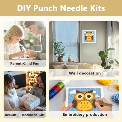 Doodlream Owl Bird DIY Punch Needle Embroidery Kit for Adult Beginner, 9.4" Cartoon Animal Punch Stitching Craft Set for Starter with Frame, Fabric Pattern, Threader, Yarn, Pinch Needle - color: Owl