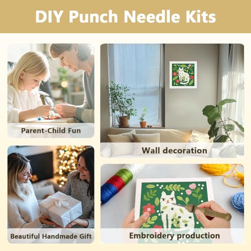 Doodlream Cat Leaf DIY Punch Needle Embroidery Kit for Adult Beginner, 9.4" White Cat Punch Stitching Craft Set for Starter with Frame, Fabric Pattern, Threader, Yarn, Pinch Needle - color: Cat Leaf
