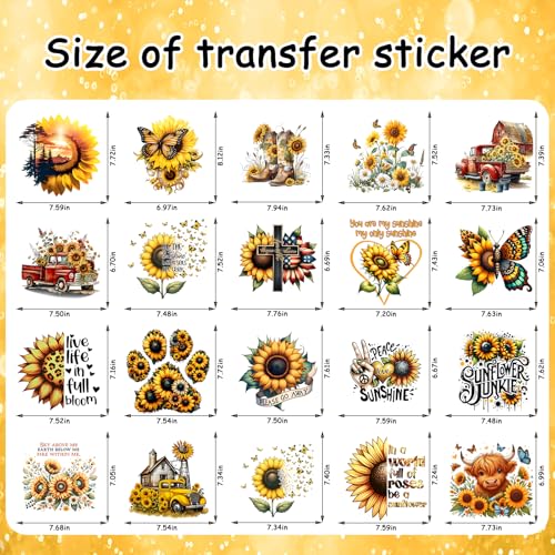 20 PCS Sunflower Heat Transfer Vinyl Stickers - Western Cowgirl/Truck/Butterfly/Cross Design Iron On Patches, Durable PU Vinyl Heat Transfer Decals for T-Shirts, DIY Clothing/Accessories/Bags/Hats
