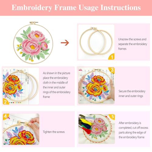 Zhenqing Pink Peony Cross Stitch Kit for Beginners - Complete Set with Pre-Printed 11CT 24x24cm Fabric, Hoop & Threads(70357) - color: 70357