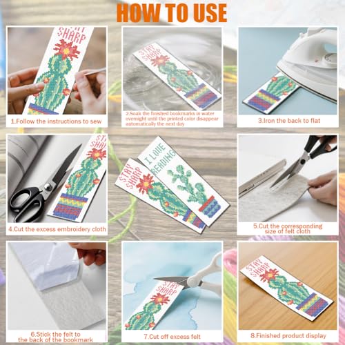 FREEBLOSS 6 Set Cross Stitch Bookmark Kits Cactus Potted Plant Pattern Stamped Cross Stitch Kit 11CT Embroidery Kit with Instructions for Beginners 20x6cm/8x2.4inch - style: Cactus Text