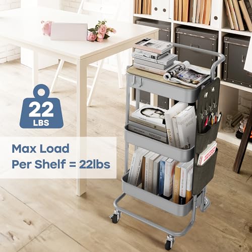 DTK 3-Tier Rolling Cart with Table Top, Metal Utility Cart with Side Bags - color: Gray, size: Large