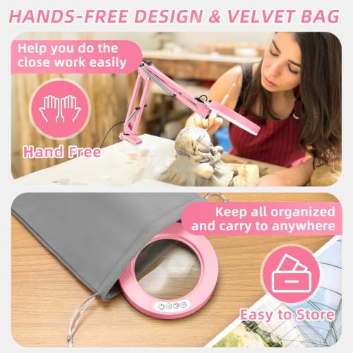 10X Magnifying Glass with Light and Stand,Hands-Free Desk Magnifier - color: Pink Magnifying Glasses With Light