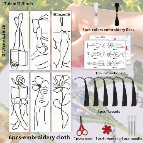 ACRNIGHEET 6PCS Cross Stitch Bookmark Kit for Beginner Stamped Cross Stitch Kits for Adults Abstract DIY Tassel Embroidery Bookmark Kits Needlepoint Kit with Instructions Craft Gift 8.5''x3'' 11CT - style: Abstract with Tassel