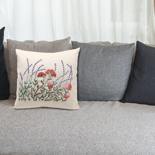 2 Set of Embroidery Pillow Kit Including Pillowcase Cover Cushion Case with Large Drawings and Zipper, Threads, Needles & Instruction Kits for Lace Crewel Craft, No Pillow Core (Lavender)