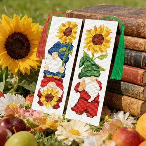 ACRNIGHEET 6PCS Cross Stitch Bookmark Kit for Beginner Gnome Stamped Cross Stitch Kits Needlepoint Kit for Adults DIY Tassel Embroidery Bookmark Kits with Instructions Craft Gift 8.5"x3" 11CT - style: Sunflowr Gnome with Tassel