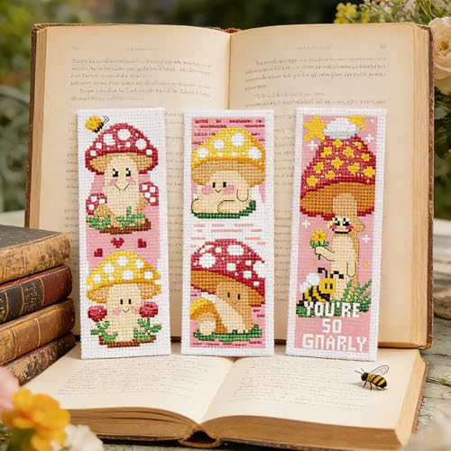 ORIGACH 6 Set Pink Mushroom Cross Stitch Bookmark Kit for Beginner - style: Mushroom