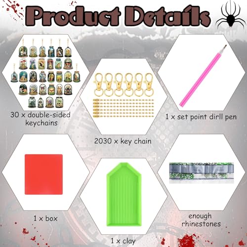 WILLBOND 30 Pcs Halloween Gothic Diamond Art Keychains, Horror Diamond Art - color: multiple colors