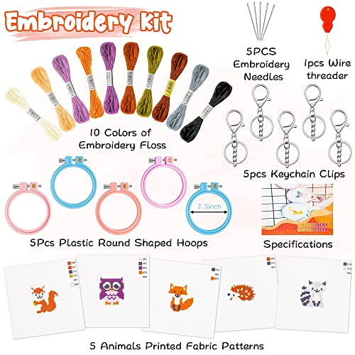WATINC 5Pcs Embroidery Kit for Kids Stamped Cross Stitch DIY Key Chain with Woodland Animal Patterns Needlepoint Starter Kits Craft Supplies for Beginners Adults Schoolbag