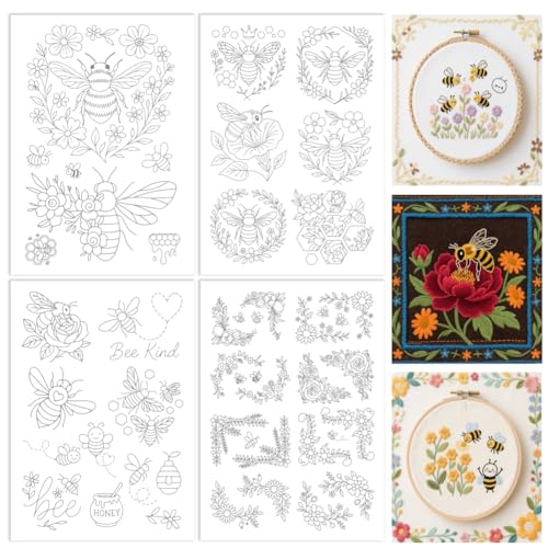 ORIGACH 4 Sheets Water Soluble Embroidery Patterns Stabilizers - Pre-Printed Bee & Flower Designs - Stick and Stitch Embroidery Paper Hand Sewing Stabilizers for Embroidery Beginners - color: Bee & Flower
