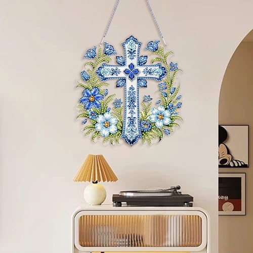 ARPADAMO Hanging Diamonds Art kit for Adult,DIY Cross Flowers Pendant Diamonds Painting Art Kit, 7.0x6.8 inch Acrylic Diamonds Painting Board Kit Ornament, Special Crystal Diamond Hanging Ornament - color: DP01402