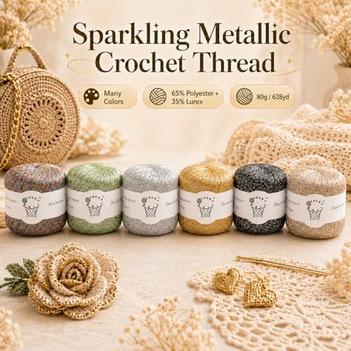 2PCS Metallic Crochet Thread,Yarn for Crocheting,Metallic Thread Round Band Yarn,Lurex Yarn with Metallic Shine, Sparkle Metallic Yarn for Clothes, Car Charm, Keychain Charm 80g Coffee - color: coffee