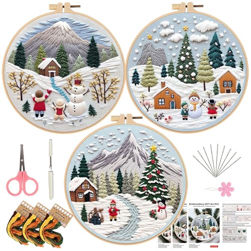 LB Christmas Embroidery Kit for Beginners Adults, 3 Sets Hand Embroidery Starter Kit with Mountain Pattern and Instructions Stamped Cross Stitch Kits Include Embroidery Hoop Needles Threads Scissors - color: Blue White