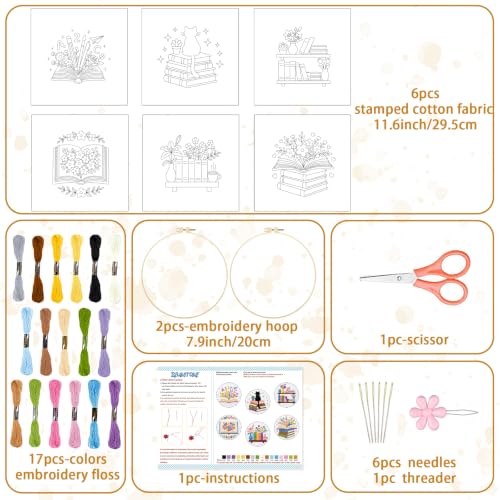 BEUNITONE 6 Set Embroidery Kit for Beginner Adults, Books & Flowers Cross Stitch Set with Stamped Pattern Hoops Threads Cloth Needles, Embroidery Starter Kit for Gifting and Home Decoration - style: Colorful Book