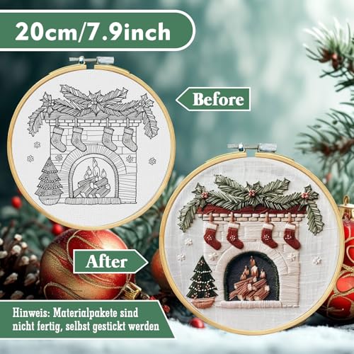 RUIQLXHANG Christmas Embroidery Kit, Christmas Gnomes Embroidery Kits for Beginners with Pattern, Cotton Threads, Needles, Instruction, 20cm Hoop, Gift for Mom, Grandma (Fireplace) - color: Fireplace