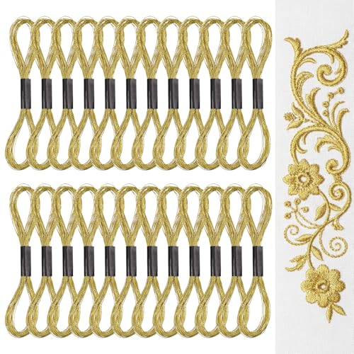 24 Skeins Polyester Cross Stitch Thread Metallic Embroidery Floss Gold Embroidery Thread Friendship Bracelet String Gold Sewing Craft Yarn Art Supplies for Hand Embroidery(8M/Skeins)
