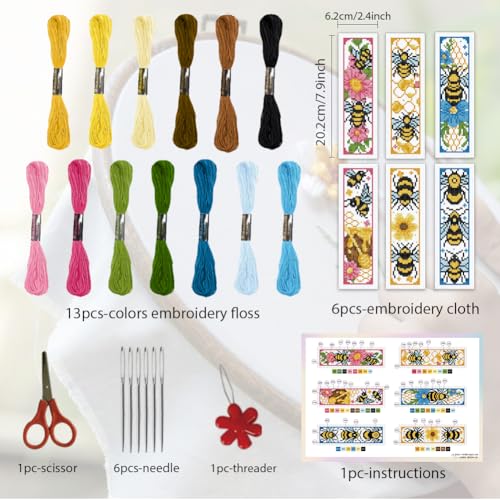 ORIGACH 6 Set Bees Cross Stitch Bookmark Kit for Beginner - style: Bees