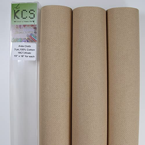 KCS 3 pc of 15" x 18" Counted Cross Stitch Cotton Aida Cloth Needlework Fabric,18CT,Khaki - color: Khaki, size: 18CT