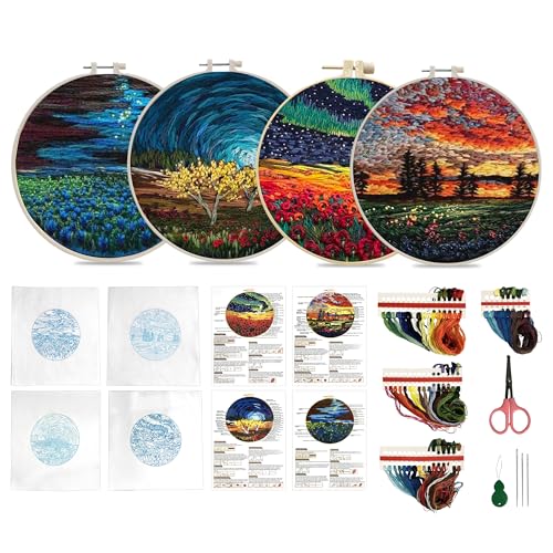 Maydear 4 Pack Embroidery Starter Kit with Pattern, Stamped Cross Stitch Kits for Beginners Adults with Embroidery Hoop and Instructions, Hand Embroidery Kit (Embroidery kit flower2)