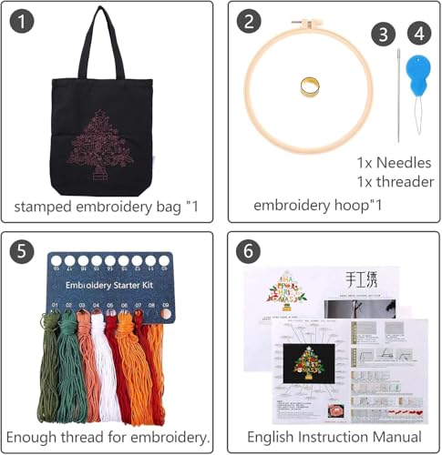 CREAWONDER Canvas Tote Bag Embroidery Kit with Pattern for Beginners, Arts and DIY Embroidery Crafts Kits for Adults, Include Instructions, Thimble, Embroidery Hoops, Color Threads and Tool - color: CR002 Christmas tree black