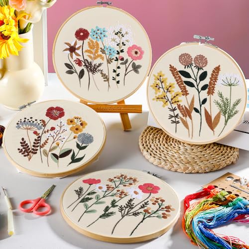 Embroidery Kit, 4 Pack Embroidery Kit for Beginners with Flower Pattern - color: KIT 02