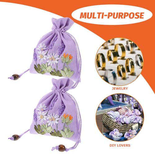 Hoement 4Pcs Embroidered Lavender Sachet Bags Small Drawstring Linen Brocade Pouches for Jewelry Storage Wedding Favor and Fragrance Packaging