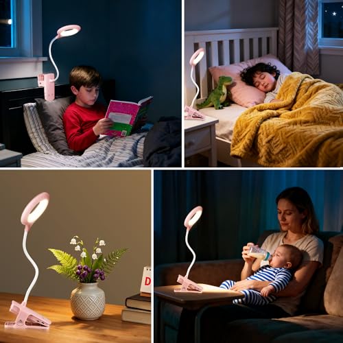Akynite Clip on Light LED Desk Lamp 5 Brightness+5 Colors Rechargeable Lamp - color: Pink