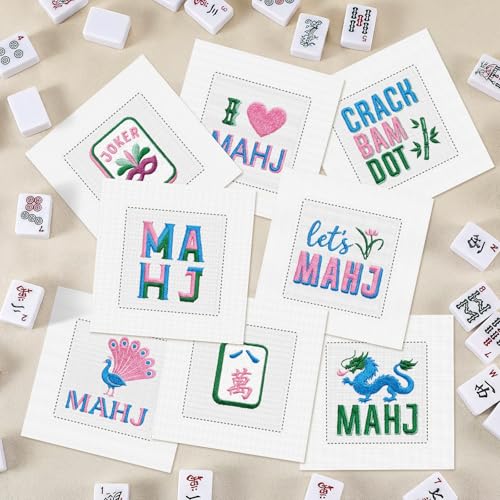 Chumia 8 Pack Embroidered Linen Mahjong Cocktail Napkins Fabric, 8 Style