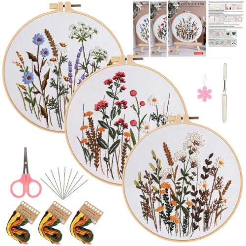 Herdiese Embroidery Kit for Beginners with 3 Floral Patterns - color: Flower-B (3 Pack)