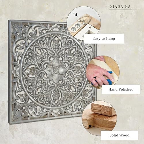 XIAOAIKA Boho Carved Wood Wall Art Panel, Floral Mandala, Distressed Silver - color: Distressed Silver