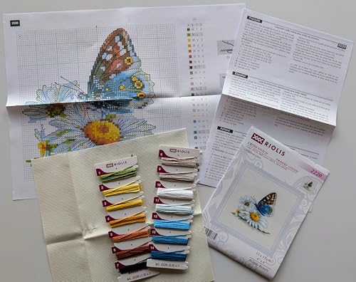 RIOLIS - Fragile Beauty 2220, Floral Cross Stitch Kits 6"x 6", Cross Stitch Kits for Beginners & Advanced, Crossstitching Kits Adult, Counted Stitching Kits, Butterfly Embroidery Kit - style: Fragile Beauty 2220