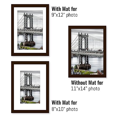 11x14 Solid Wood Picture Frames Display Pictures 9x12 or 8x10, with or without Mat, with 2 Mats for Wall Mounting or Table Top (Brown) - color: Brown, size: 11x14 inch
