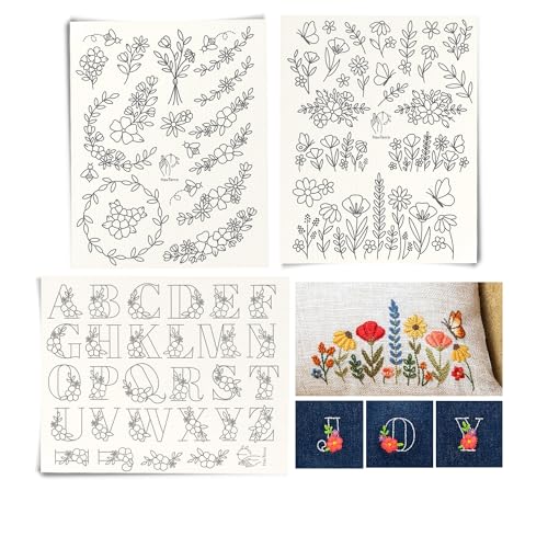 Stick and Stitch Embroidery Patterns, Floral/Alphabet Designs, Water Soluble Embroidery Stabilizer Transfer Paper, Beginner Hand Embroidery Kit for Gifts (Floral / 3 Pages) - color: Floral