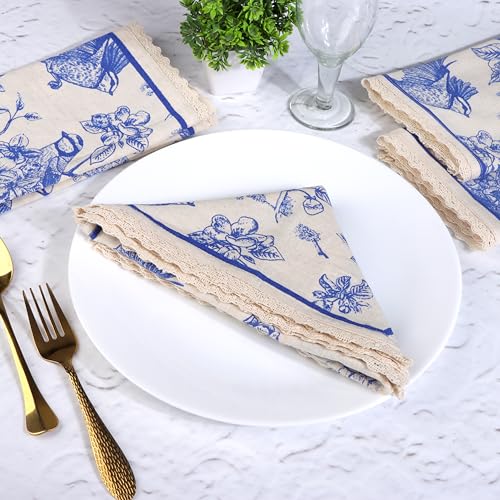 FINGERCRAFT Lace Cloth Napkins, Cotton Linen, 12 Pack, 20x20 Inch, Toile - color: Toile, size: 20" x 20" (Set of 12)