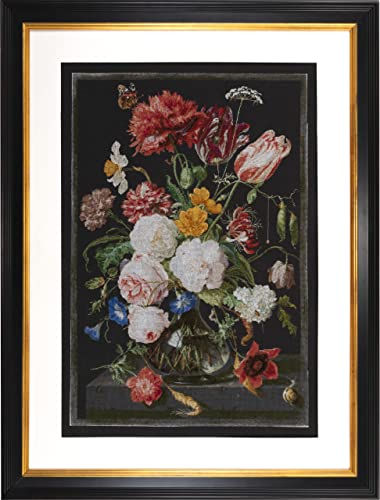 Thea Gouverneur - Counted Cross Stitch Kit - Still Life with Flowers in a glass Vase - 2 - Aida Black - 14 count - for Adults - DMC Embroidery Threads and other Cross Stitch Supplies Included - 785.07 - color: 785.07 Aida 14 Black