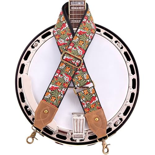 Nefelibata Banjo Strap,2"Wide Double Crazy Horse Leather Jacquard Embroidery Strap Adjustable Replacement,Multi-pattern Strap With Metal Clips - color: A#-green Embroidery