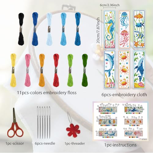 ORIGACH 6 Set Marine Animals Cross Stitch Bookmark Kit for Beginner with Backing Felt Floss Instructions DIY Stamped Embroidery Bookmark Kit for Adults, Book Lovers - style: Marine Animals