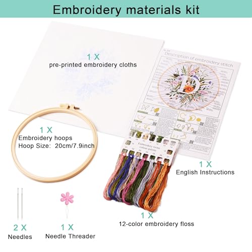 Harimau Letter D Pattern Embroidery Kit for Adult Beginners, Complete Starter Pack with 1 Hoop, Needles, Instruction Guide & Embroidery Stitch Video Tutorials - color: D