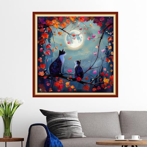 Funxvoot Stamped Cross Stitch Kits for Beginners or Adults Embroidery Starter Patterns | DIY Printed Cross Stitch Kits Needlepoint for Adults or Kids 11CT-Cat Admiring the Moon 18x18 inch - color: color19