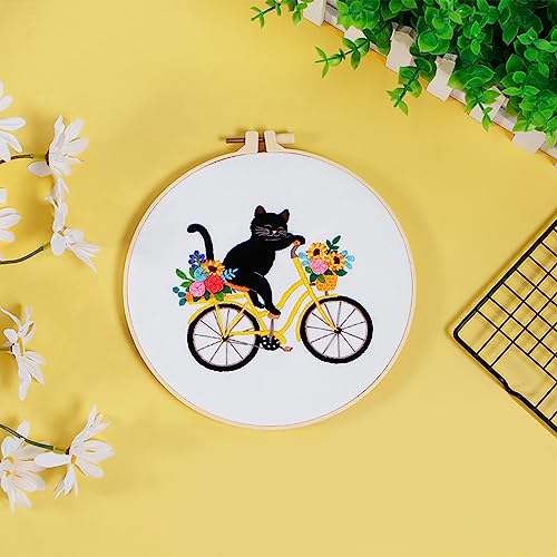 Louise Maelys Cat Bicycle Embroidery Kit for Beginners Floral DIY Craft - color: kit-20