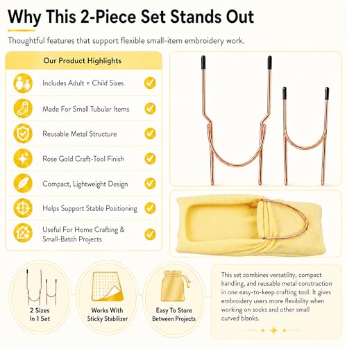 2-Piece Sock Hoop for Embroidery Machines,Adult and Child Metal Hooping Aid Set for Stabilizing Socks,Sleeves,Cuffs,Gloves,Wristbands,and Small Garment Personalization