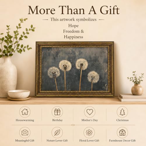 ZSISHHUASUYI Vintage Gold Frame Dandelion Wall Art, Moody Cottagecore Canvas Painting Print, Gothic Dark Plant Picture for Living Room Bedroom Decor, Retro Botanical Artwork 16x24 Inch - color: dandelion, size: 24"L x 16"W