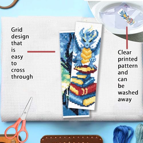 FREEBLOSS 6 Set Cross Stitch Bookmark Kit for Beginner Adults Dragon Stamped Embroidery Bookmark Kits Cross Stitch Kits with Instruction Bookmarks Making Kit for Book Lovers 8x2.4in/20x6cm - style: Loong