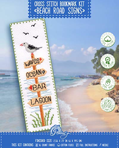 Povitrulya Beach Signs Cross Stitch Bookmark - Coastal Wood Signs Embroidery Set with Paper Pattern, 16 Count Aida Cloth and Pre-Sorted Floss - color: Beach Signs