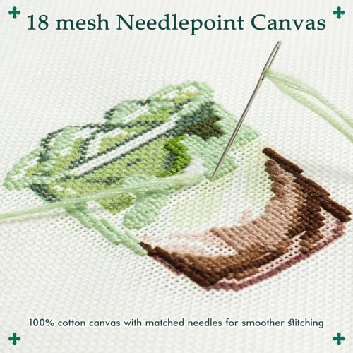 Kaitiaki 18 mesh Needlepoint Canvas Kit, 8 in Painted Canvas Set with Embroidery Floss, Needles, Guide Card, Instruction, Threader, Scissors & Project Bag for Crafter Gift(Matcha) - color: Matcha Latte, size: 18 mesh