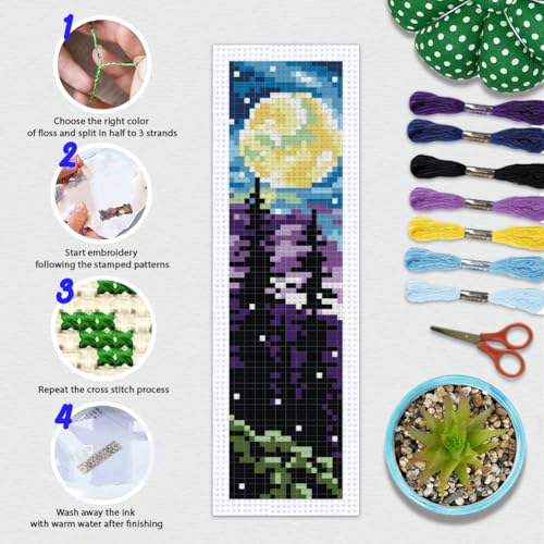 BEUNITONE 6 Pcs Landscape Bookmarks Cross Stitch Kits for Adults Beginner Scenery Cross Stitch Bookmark Kit Aurora Needlepoint Bookmark Kit Stamped DIY Embroidery Kit with Instructions 2.4x8 in - style: Dreamy Landscape
