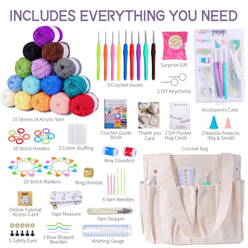 JC CRAFT Beginner Crochet Kit – 81 Piece Starter Set with 15 Colorful Yarns, Ergonomic Hooks, Complete Supplies, White Tote Bag, Accessories Case, Guide Book & Online Video Lessons
