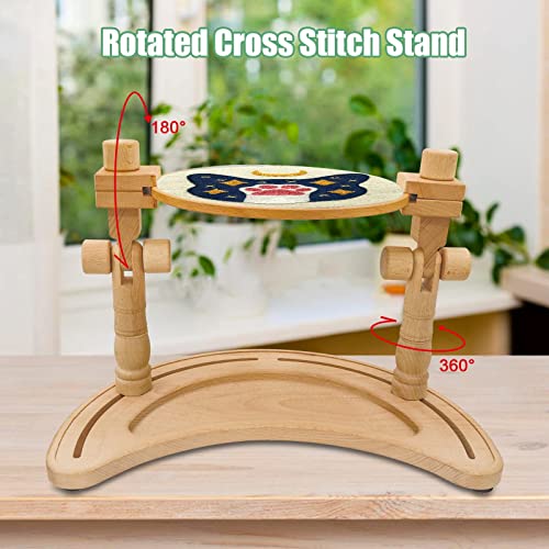 Adjustable Embroidery Hoop Stand – Rotatable Wooden Cross Stitch, Needlepoint & Punch Needle Holder for DIY Sewing