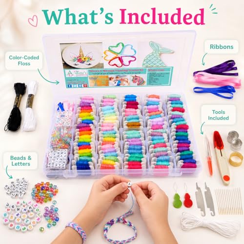 Athena's 200 Pcs Friendship Bracelet String Kit String Bracelet Making Kit with Organizer Box-Included 100pcs Friendship Bracelet Floss Thread,Cross Stitch Kits Xmas Gifts (Unicorn-Mermaid Theme)